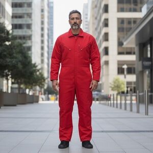 Vintage Red Quilted Mechanic Coveralls with Hood – 1960s Excellent Condition